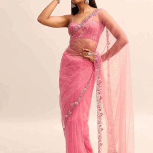 Blush Lotus Embroidered Net Saree