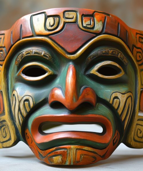 Colorful tribal mask, intricate design, vibrant colors, cultural significance, handcrafted artistry. AI generated